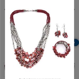 Red Shell and Seed Beaded Earrings and Wrap Bracelet and Multi Strand Necklace